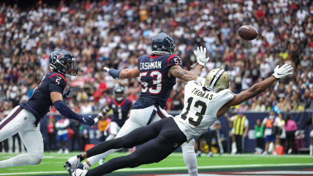 Saints wide receiver Michael Thomas is unable to make a reception in the end zone as Houston Texans linebacker Blake Cashman